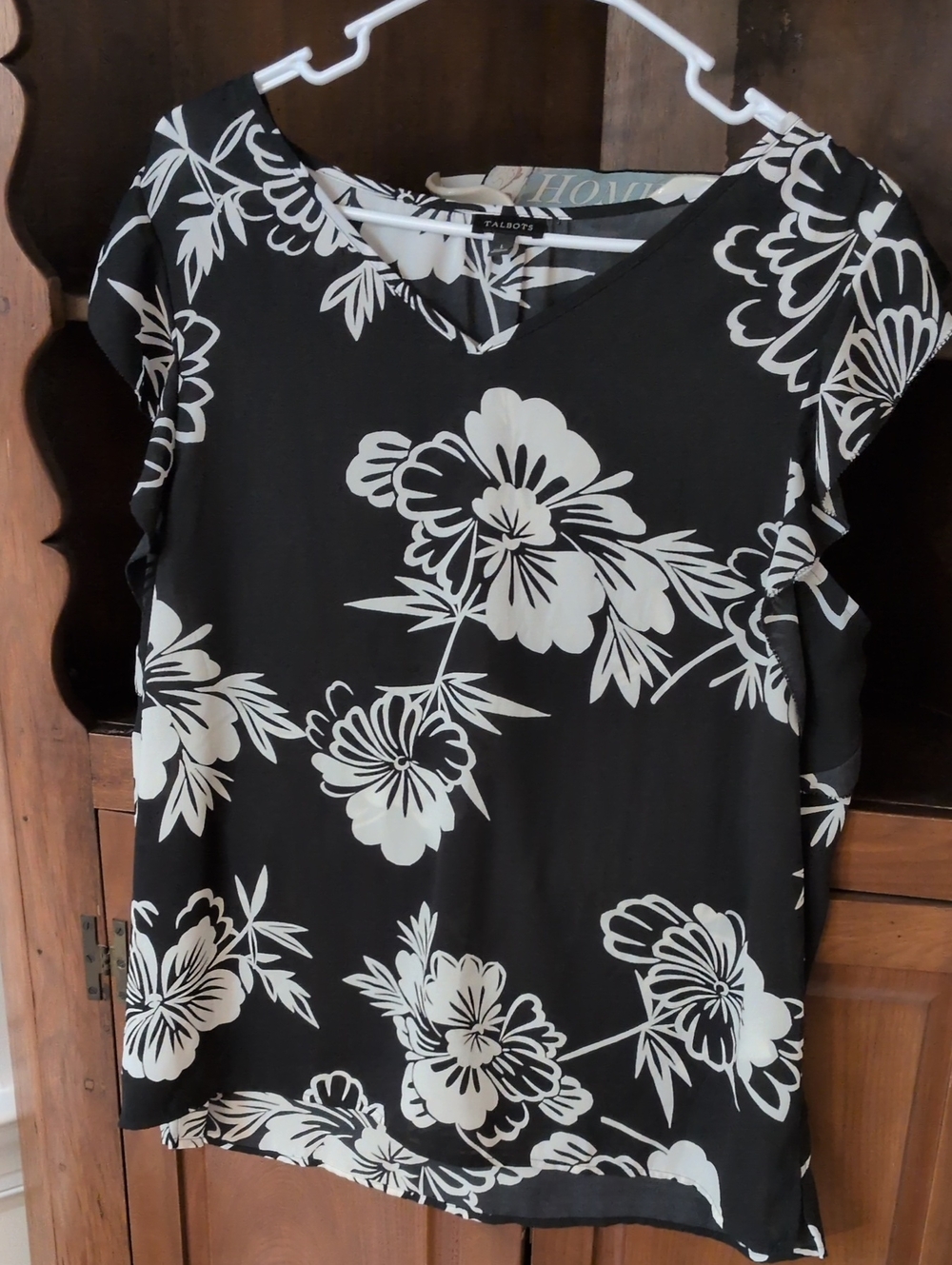 Talbots Black and White Floral Flutter-Sleeve Blouse - Size Large